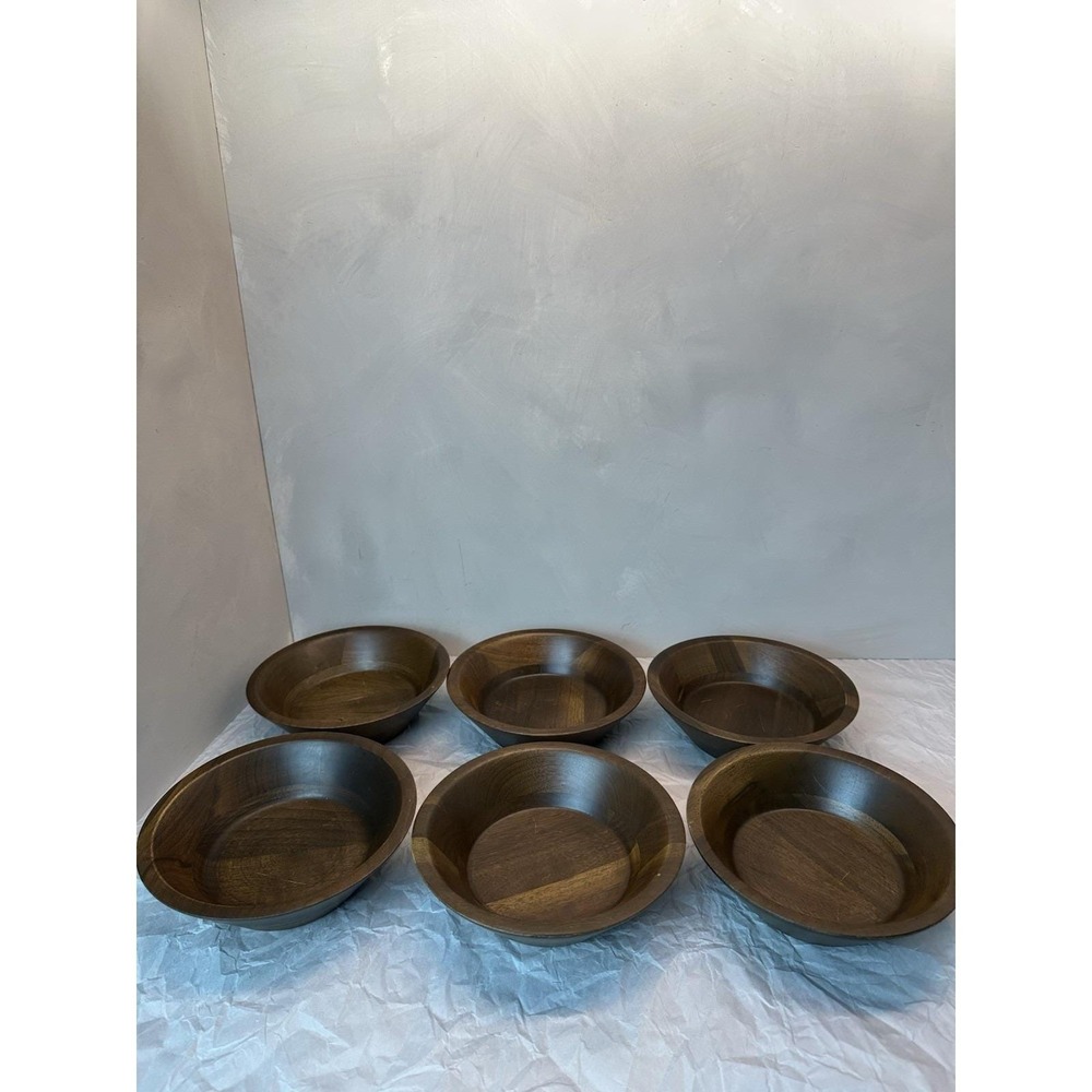 Vintage Walnut Wood Salad Bowl Set Of 6 - Mid Century Modern Style Dinnerware